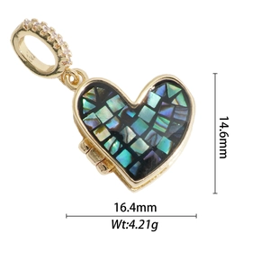18k gold plated heart locket pendant with rainbow shell inlay and zircon accents