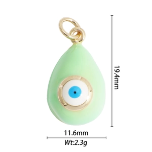 Detailed size specifications for light green evil eye drop pendant in gold-plated copper