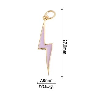 Detailed view of lightning bolt charm in gold and pink enamel with 27mm height dimensions