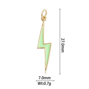 Golden lightning bolt charm with light green enamel, size 27.0mm by 7.0mm and 0.7g weight