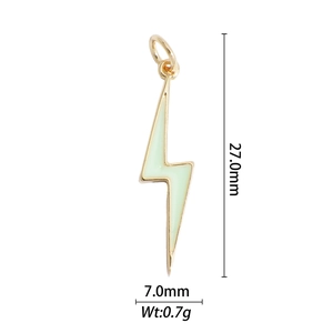 Golden lightning bolt charm with light green enamel inlay and measurements 27mm