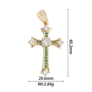 Detail of 18k gold plated cross pendant with green and white zircon, 40.2mm height