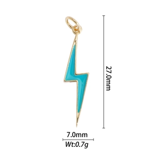 Detailed view of lightning bolt charm with turquoise enamel and golden metal frame
