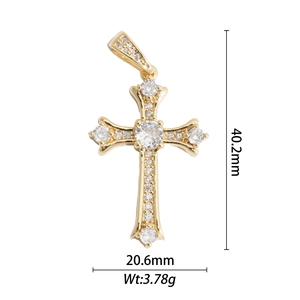 Macro view of 18k gold plated cross pendant with crystal zircons and size dimensions