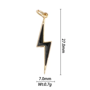 Detail view of black enamel lightning bolt charm showing 27mm height and gold trim