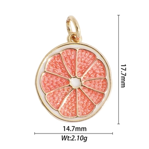 Detailed view of enamel fruit pendant with precise measurements in millimeters and grams