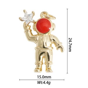 Detailed size view of golden astronaut pendant with star and red helmet, 24.7mm by 15.0mm