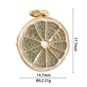 Macro shot of 18k gold plated lemon slice pendant with size 17.7mm by 14.7mm