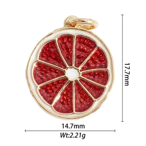 Detailed macro view of 18k gold plated round orange pulp charm with dimensions 17.7mm by 14.7mm