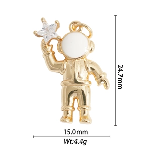 Detail view of gold-plated astronaut pendant with zircon star and dimension markings
