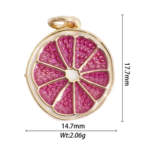 Detail of 18k gold plated fruit pendant showing pink enamel texture and dimensions