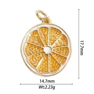 Detailed view of orange slice pendant with dimensions 17.7mm by 14.7mm in gold finish