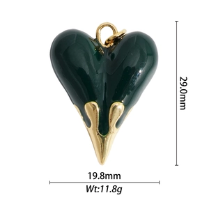 Detailed dimensions of green enamel heart pendant with golden animal texture