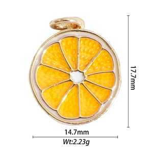 Detail view of a 18k gold plated orange slice pendant with dimensions 17.7mm by 14.7mm