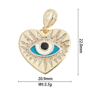 Detailed view of evil eye heart pendant with dimensions 22.0mm and 20.9mm width