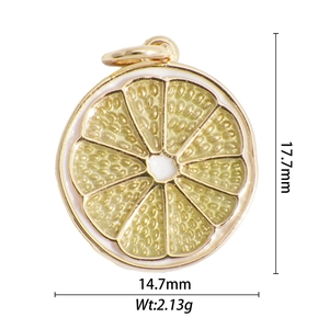 Detailed view of 18k gold plated lemon slice pendant measuring 17.7mm by 14.7mm