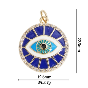Detail showing dimensions of 22.3mm evil eye pendant with blue enamel and crystals