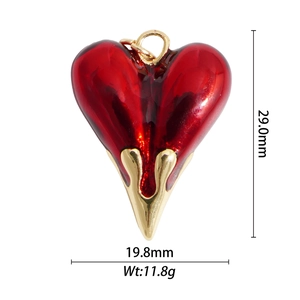 Detailed size view of red heart pendant with gold base showing 29mm height and 19.8mm width
