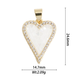Detail view of 18k gold plated heart pendant with shell inlay and cubic zirconia stones