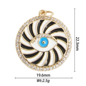 Detail view showing dimensions of a 22.3mm gold Evil Eye pendant with blue eye and crystals