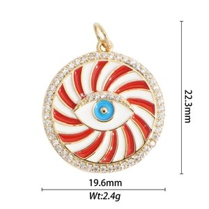 Detailed dimensions of gold evil eye pendant with crystal inlay and spiral enamel design