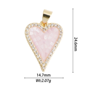 Detailed view of 18k gold plated heart pendant with pink mosaic inlay and diamonds