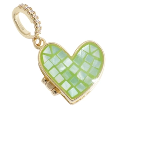 Vintage 18k gold plated heart locket pendant with green mosaic pattern and zircon stones