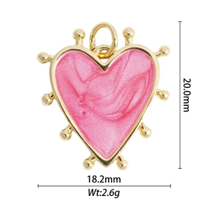 Lava style heart pendant in pearly pink with gold trim and exact dimensions info