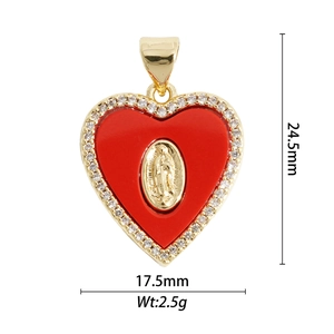 Lava heart pendant with red enamel, gold finish, and white zircon accents, size 24.5x17.5mm