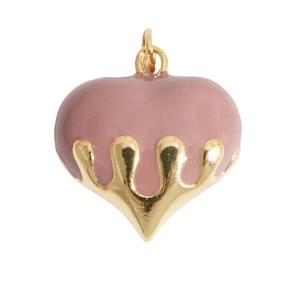 Lava style heart pendant with pink drip glaze on gold metal base and top jump ring