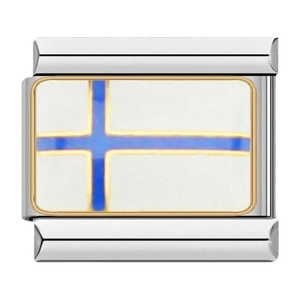 Maillon de bracelet italien avec drapeau finlandais en acier inoxydable poli brillant