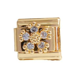 Italienisches Modulares Goldarmband-Glied mit Kristallblume aus poliertem Edelstahl