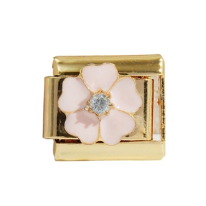 Italian charm link with a pink enamel flower and zircon center on gold stainless steel