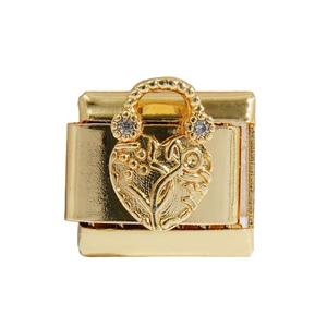 Italian charm link with gold heart lock featuring floral engraving and zircon accents
