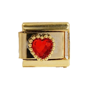 Italian style gold-plated stainless steel charm with a red heart-shaped gemstone center