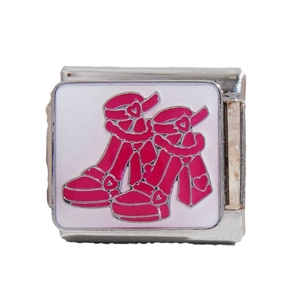 Italian modular charm in stainless steel featuring white enamel and pink high heels design