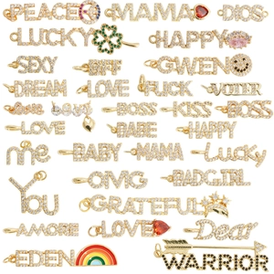 Pendentif Lettre en Cuivre Micro Pavé de Zircone pour Femmes Lucky Mama Peace Love Boss Dream Happy Charme Bijoux DIY