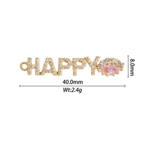 Détail du pendentif HAPPY en cuivre avec zircons micro-pavés et pierre rose