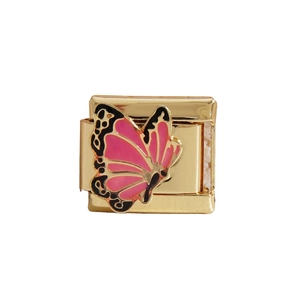 Link modulare italiano in acciaio inossidabile dorato con farfalla in smalto rosa