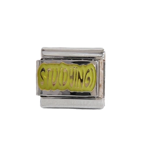 Italian charm bead in silver metal with yellow enamel and STUDYING text engraving