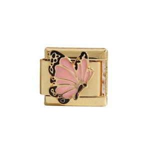 Maglia charm italiana con farfalla dorata e smalto rosa per bracciali componibili