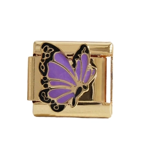 Charm modulare per bracciale in acciaio inossidabile dorato con farfalla in smalto viola