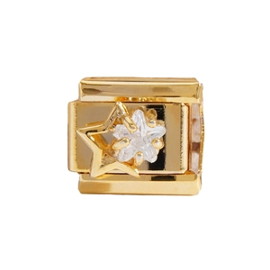 Italian modular gold stainless steel bracelet link with a cutout star and clear crystal