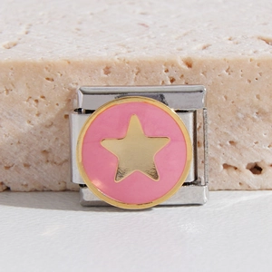 Italian charm bracelet link in stainless steel with pink enamel and gold star design