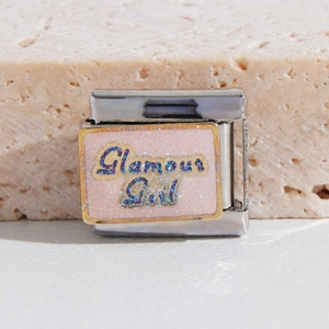 Italian charm bracelet link in stainless steel with pink Glamour Girl glitter lettering