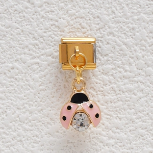 Marienkäfer-Anhänger im italienischen Stil mit rosa Emaille und Kristall für Armbänder