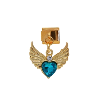 Goldener Italian Charm mit Engelsflügeln und einem herzförmigen hellblauen Edelstein