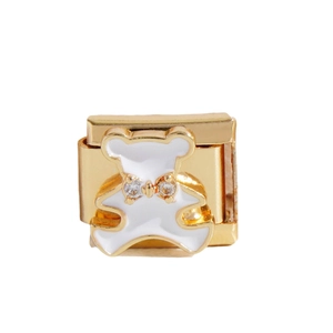 Maillon de bracelet italien avec ours doré en émail blanc et détails en zircon brillant