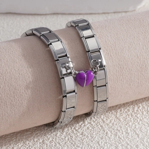 Bracelets modulaires italiens en acier inoxydable avec pendentifs cœur violet pour couples