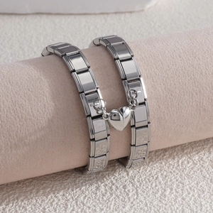 Bracelets italiens modulables en acier inoxydable poli avec pendentif cœur magnétique